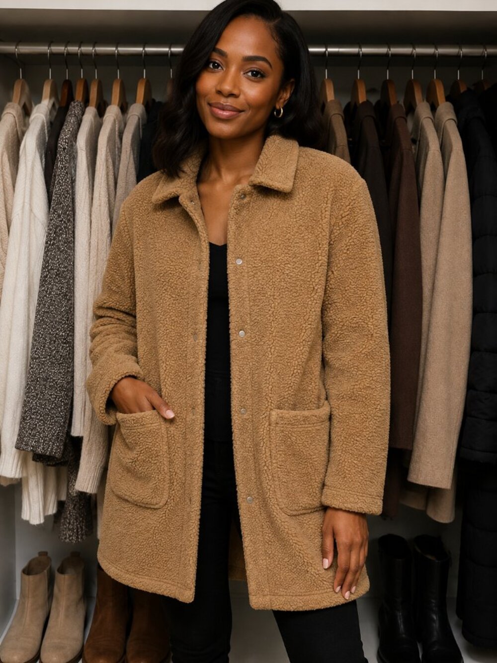 Stylish camel-brown sherpa coat